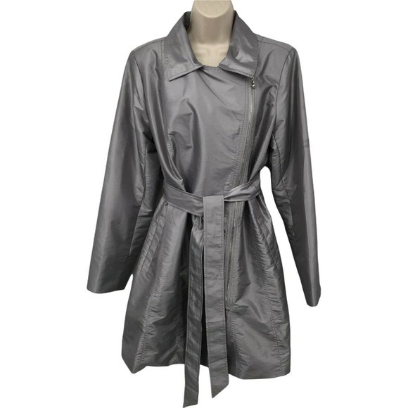 dennis basso Jackets & Blazers - Dennis Basso Women Long Sleeves Full Zip Tie Front Silver Trench Coat Size M